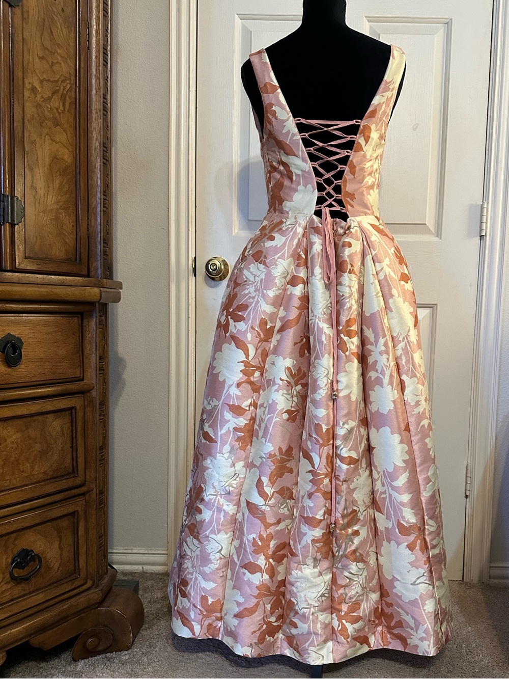 BHLDN Pink Floral Square Neck Lace Up Fit & Flare Midi Dress L - Picture 4 of 16
